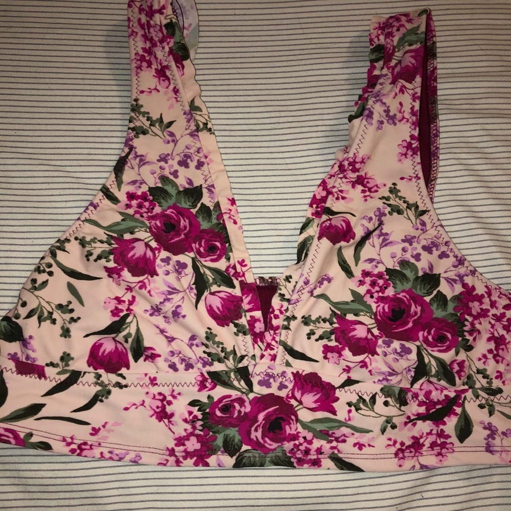 Pink flower bikini V neckline with ruffle strap